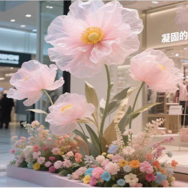 商场服饰橱窗美陈艺花户外美陈装饰花艺纸花商场橱窗巨型欧根纱花