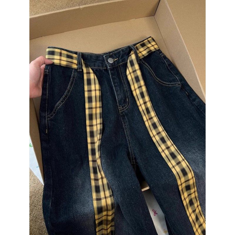 大码胖mm设计感格子拼接绑带牛仔裤女夏季高腰显瘦宽松阔腿拖地裤,女装/女士精品,大码裤装,淘宝优惠券,粉丝福利购,淘宝优惠卷