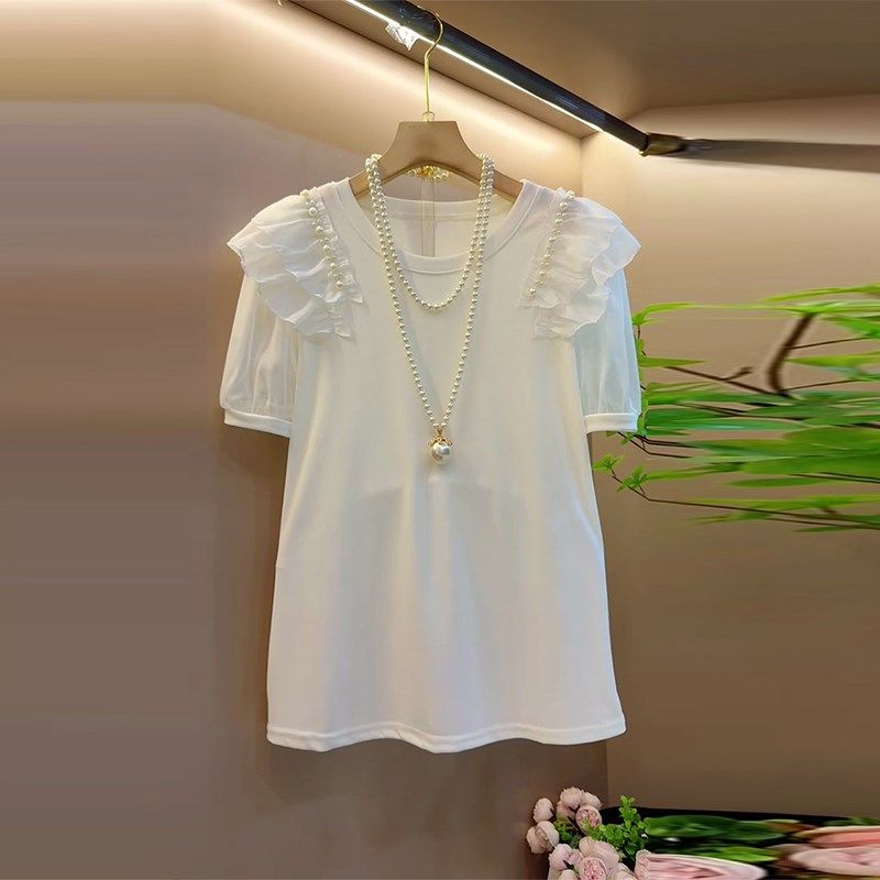 胖MM加肥钉珠肩荷叶边短袖上衣韩版小众设计大码女装百搭减龄小衫,女装/女士精品,大码内搭,淘宝优惠券,粉丝福利购,淘宝优惠卷