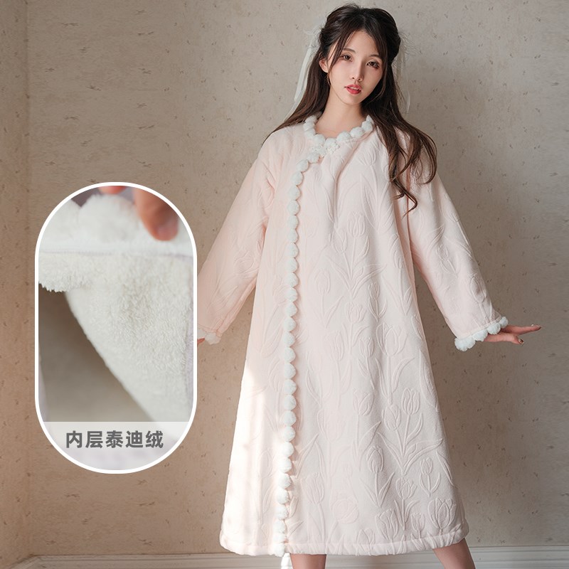新中式古风汉服睡裙秋冬季女士加厚双面加绒保暖法兰绒家居服睡衣