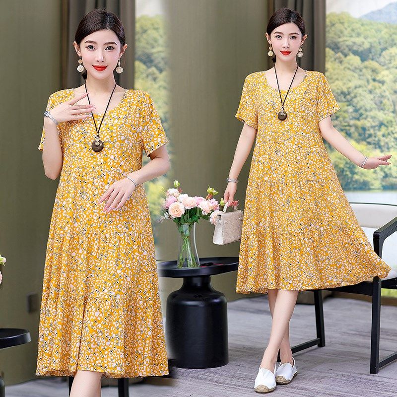 棉绸连衣裙女夏季大码时尚年轻妈妈装气质甜美孕妇碎花中长款裙子,女装/女士精品,中老年女装,淘宝优惠券,粉丝福利购,淘宝优惠卷