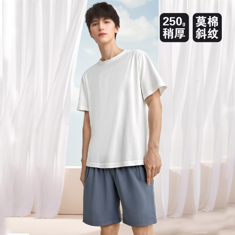 稍厚棉莫抗皱斜纹男士挺括家居服春夏可外出运动S休闲短袖打底套