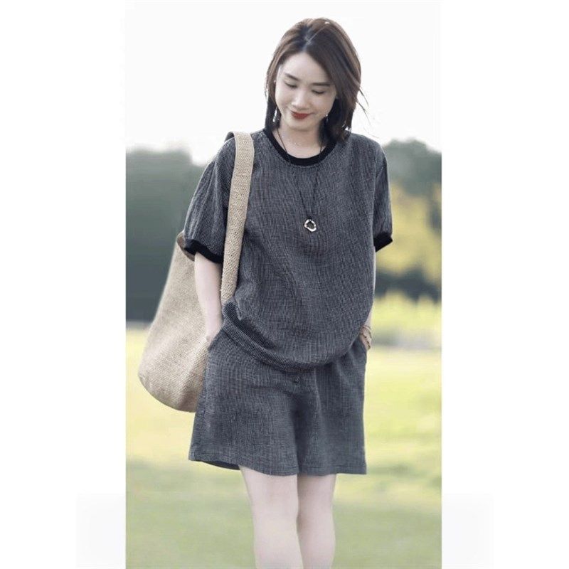 覆古亚麻格纹短袖T恤时尚套装女夏季薄款休闲 圆领上衣短裤两,女装/女士精品,时尚套装,淘宝优惠券,粉丝福利购,淘宝优惠卷