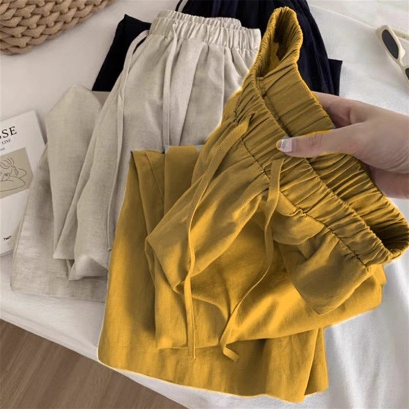 夏季2025新款小个子简约复古凉凉裤子老钱风姜黄色亚麻阔腿裤女潮,女装/女士精品,大码裤装,淘宝优惠券,粉丝福利购,淘宝优惠卷