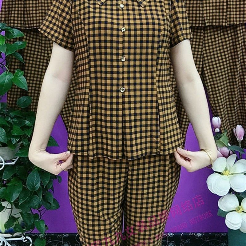 冰丝格子休闲套装女士夏装中年妈妈时尚平方领短袖上衣裤子两件套,女装/女士精品,中老年女装,淘宝优惠券,粉丝福利购,淘宝优惠卷