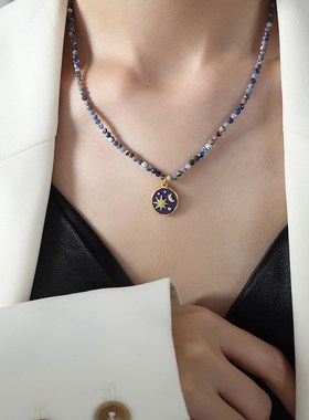 法式轻奢个性蓝灵灰天然石手工串珠设计星空彩釉设计感吊坠项链女