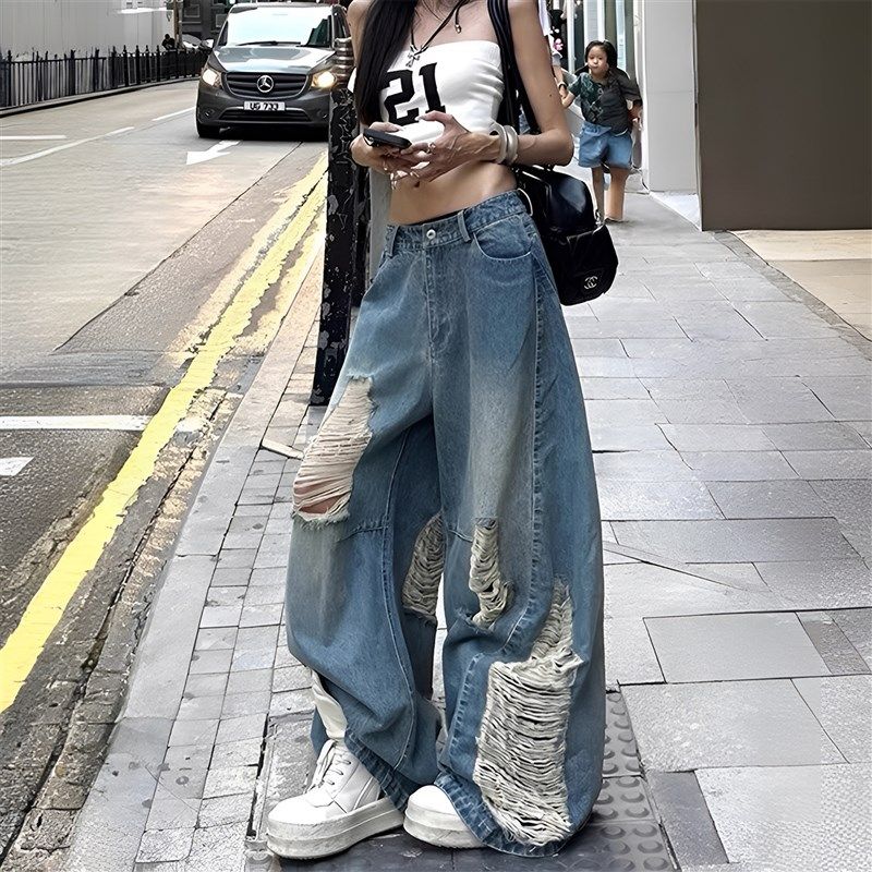 300斤大尺码胖mm覆古蓝辣妹风破洞牛仔裤女夏季高腰显瘦直筒裤子,女装/女士精品,大码裤装,淘宝优惠券,粉丝福利购,淘宝优惠卷