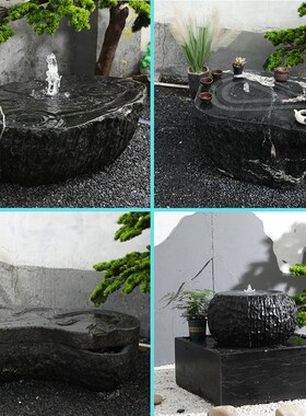中式禅意户外日式景观摆件新石钵石盆庭院养鱼池流水水钵盆黑山石
