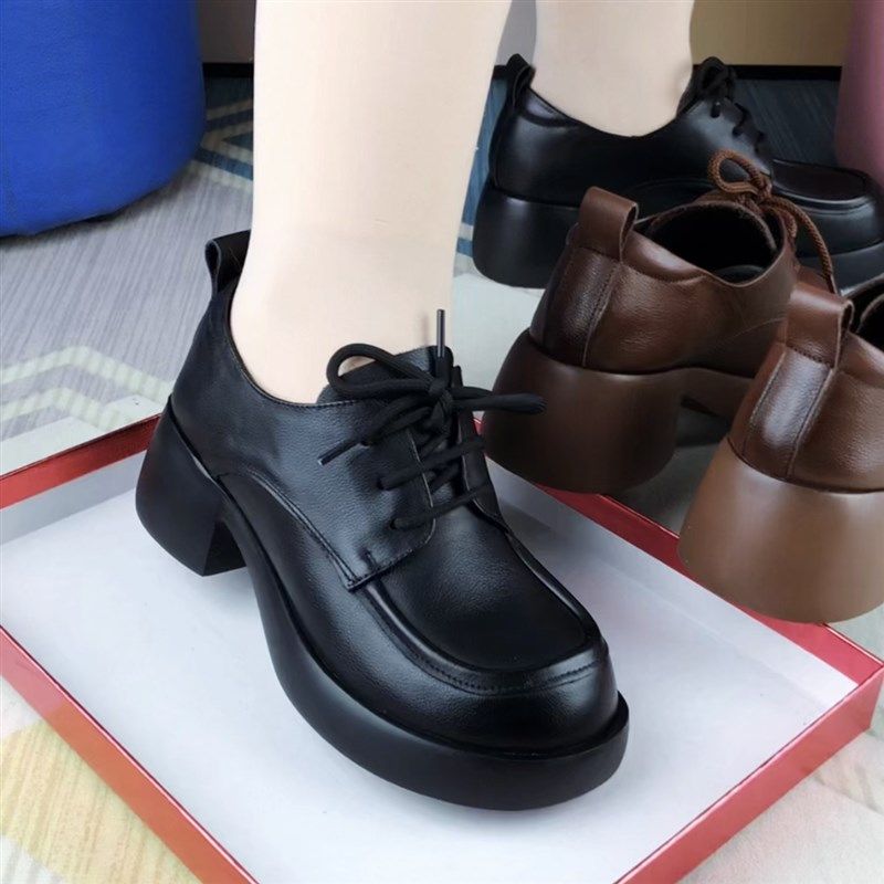 单鞋女真皮圆头深口系带粗跟皮鞋女复古休闲鞋百搭防滑软底妈妈鞋,女鞋,深口单鞋,淘宝优惠券,粉丝福利购,淘宝优惠卷