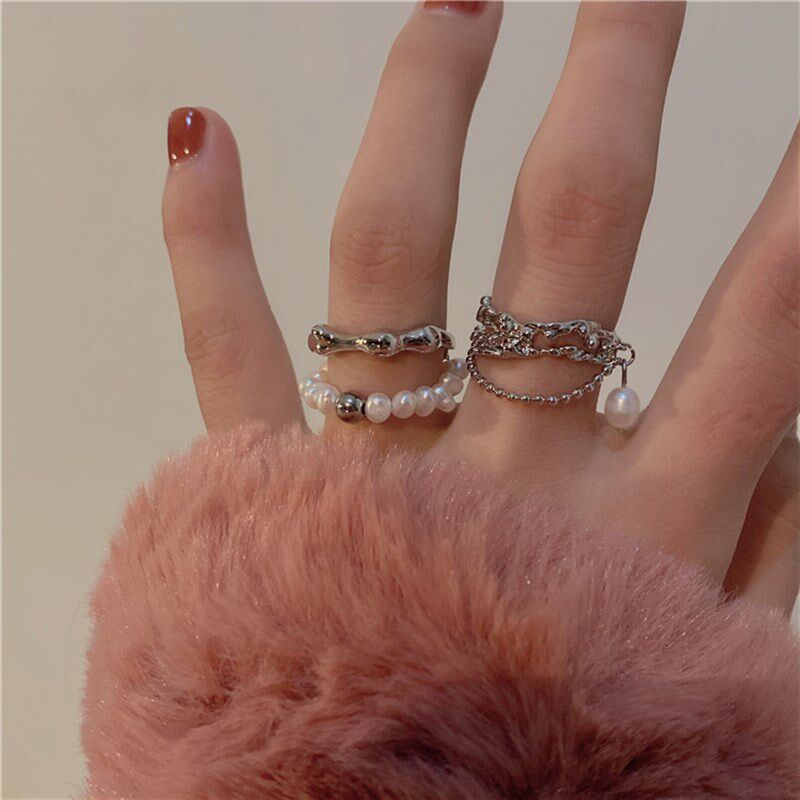 韩国气质甜美温柔珍珠戒指女冷淡风复古流苏链条叠戴指环食指戒子