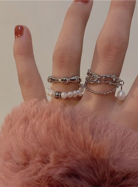 韩国气质甜美温柔珍珠戒指女冷淡风复古流苏链条叠戴指环食指戒子
