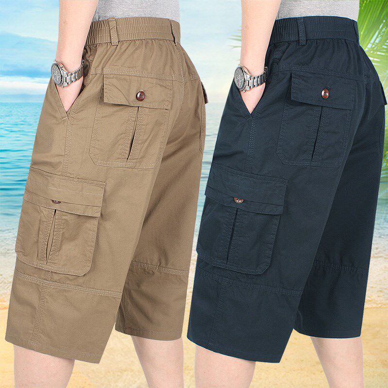 夏季男式短裤纯棉水洗多口袋宽松大码中裤中老年爸爸七分裤深裆,男装,短裤,淘宝优惠券,粉丝福利购,淘宝优惠卷