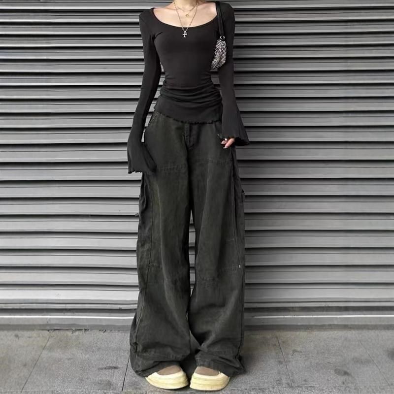 复古水洗做旧牛仔工装裤女秋季新款美式高街宽松显瘦直筒阔腿裤子,女装/女士精品,卫裤,淘宝优惠券,粉丝福利购,淘宝优惠卷