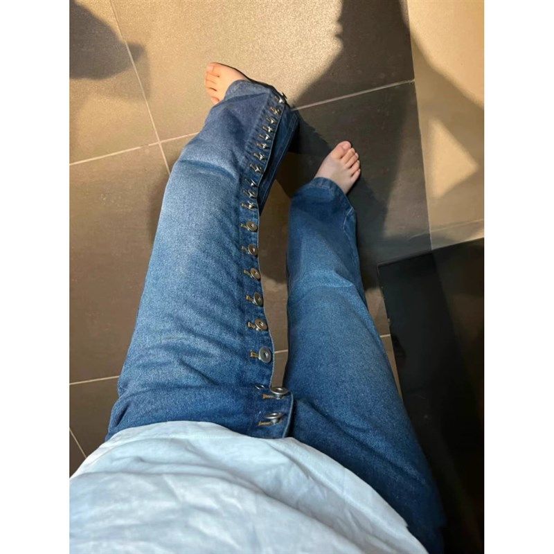 大码胖mm美式高街水洗排扣牛仔裤女春秋新款设计感宽松直筒拖地裤