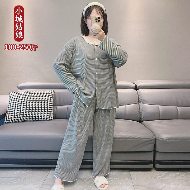 日系条纹蕾丝圆领开衫睡衣女款春秋季大码胖mm纯棉长袖家居服套装