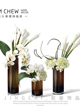 轻奢现代北欧黑色咖色直筒玻璃花瓶样板间售楼处客厅家居软装饰品