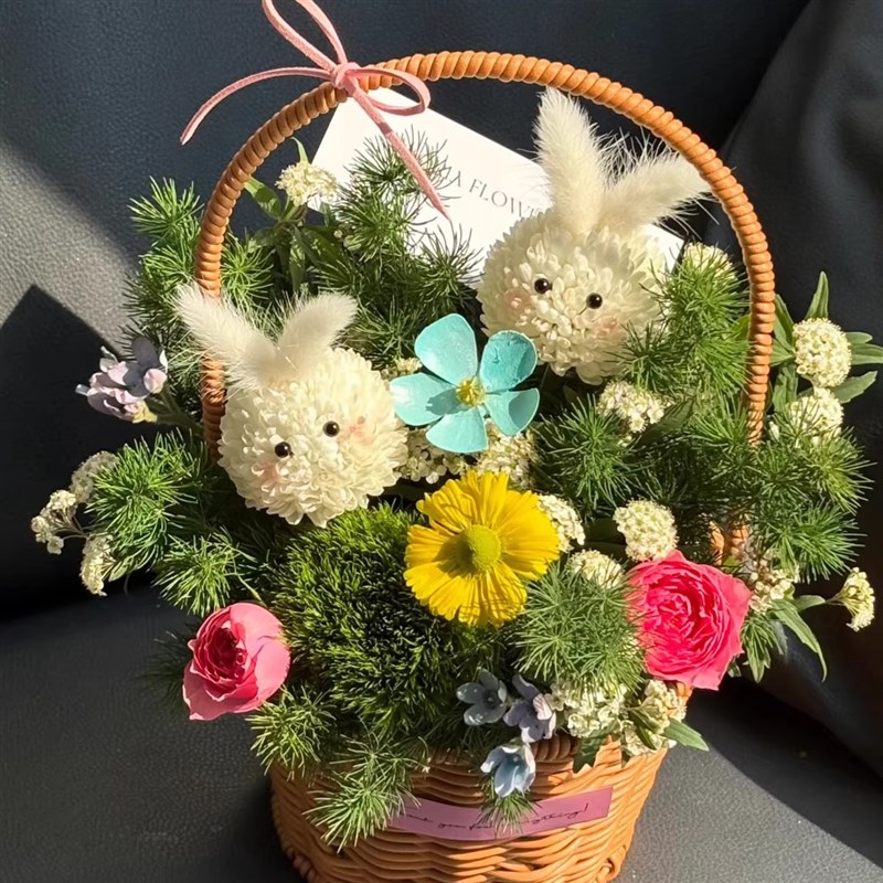 创意乒乓菊小兔子毕业季拍照花篮送学生送孩子生日送女友鲜花北京