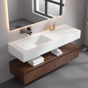 端设计师定制岩板陶瓷盆无缝连接洗脸盆洗漱台浴室柜胡桃色