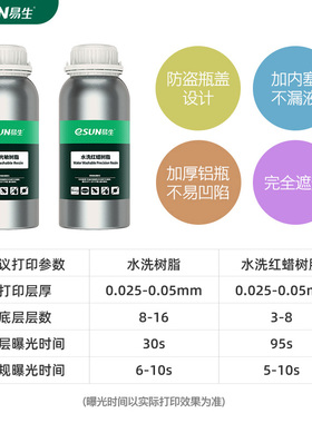 易生UN水洗L光敏树脂D光固化打印机红蜡树脂耗材材料n波段水洗低