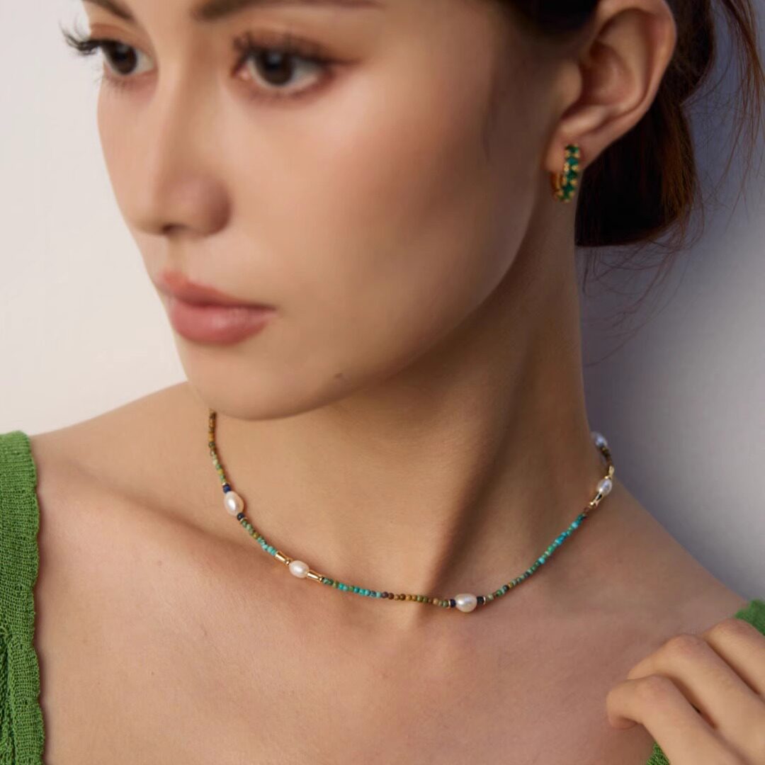 S925银复古天然珍珠青金石松石项链