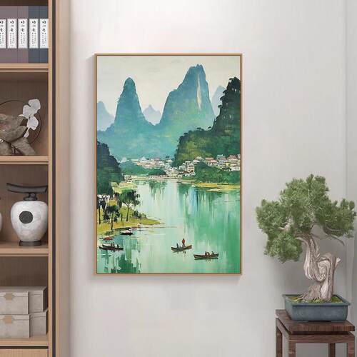 吴冠中桂林山水喷绘壁画玄关江南乡村风景客厅新中式国风装饰挂画