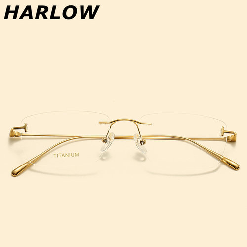 无框近视眼镜男可配度数商务纯钛一体金色眼镜框男款全钛超轻文艺