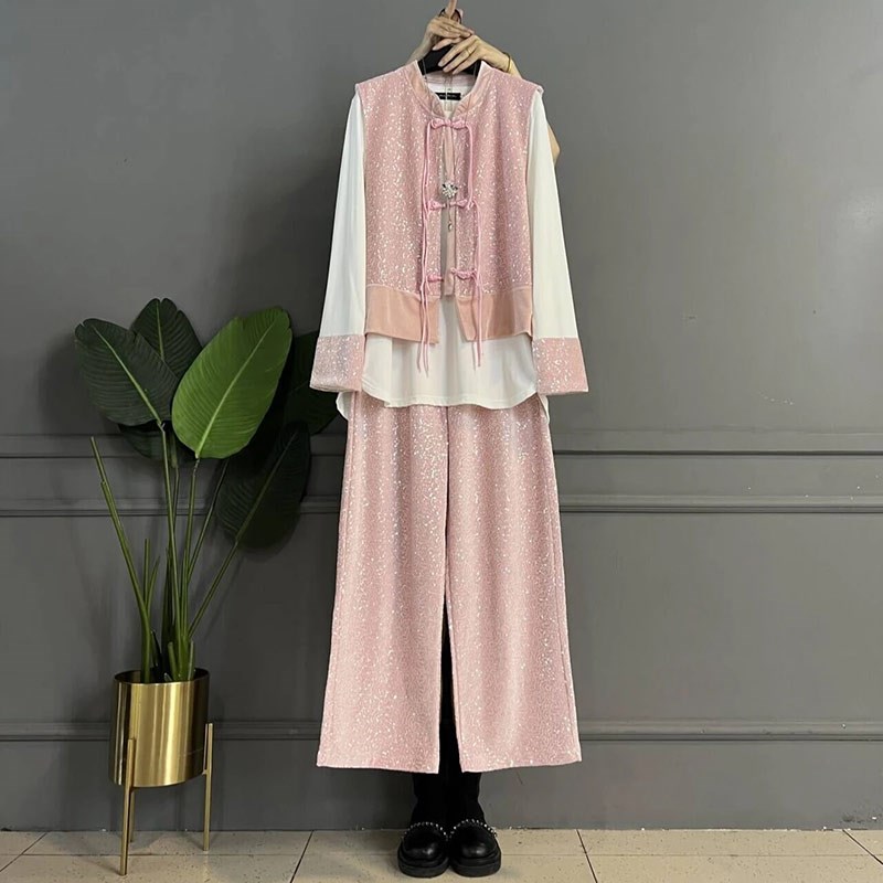 大码女装盘扣亮片马甲长袖简约打底衫阔腿长裤胖MM时尚休闲三件套