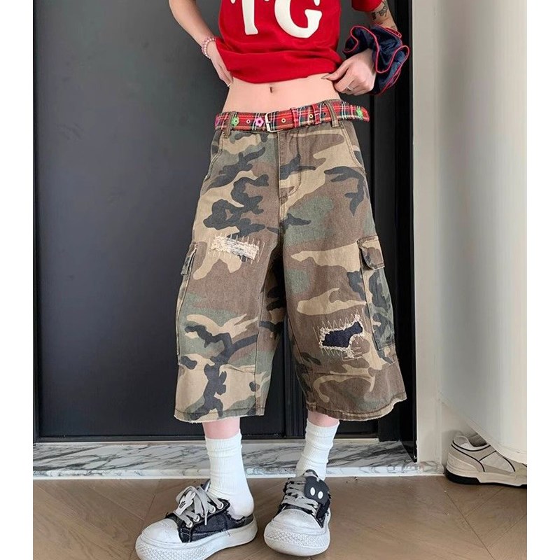 大码美式设计破洞迷彩七分直筒牛仔裤女2025新款宽松显瘦阔腿中裤