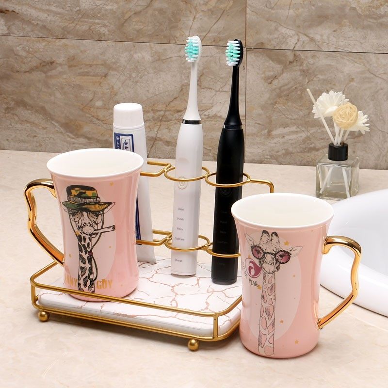 创意贴花陶瓷情侣漱口刷牙杯家用卫生间免打孔牙具置物架卫浴套装