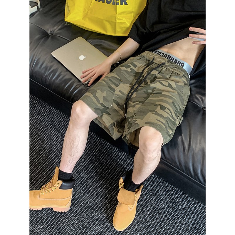 美式高街迷彩工装短裤潮牌设计感休闲百搭宽松复古潮流男五分裤子