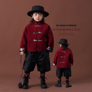 砚台家国风儿童唐装男童拜年红色衣服宝宝呢子大衣男孩夹棉外套潮