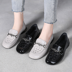 真皮百搭女鞋 漆皮2021新款 大码 平底洞洞鞋 镂空单鞋 软底凉鞋 女夏季