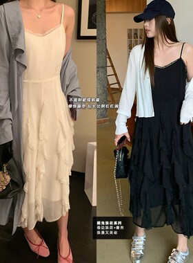 NAZ那子大码 雪纺皱韩系重工蕾丝花边不规则胖mm显瘦吊带连衣裙春