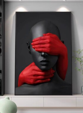 现代轻奢小众艺术挂画红黑色美发店壁画高级美容院抽象人物装饰画