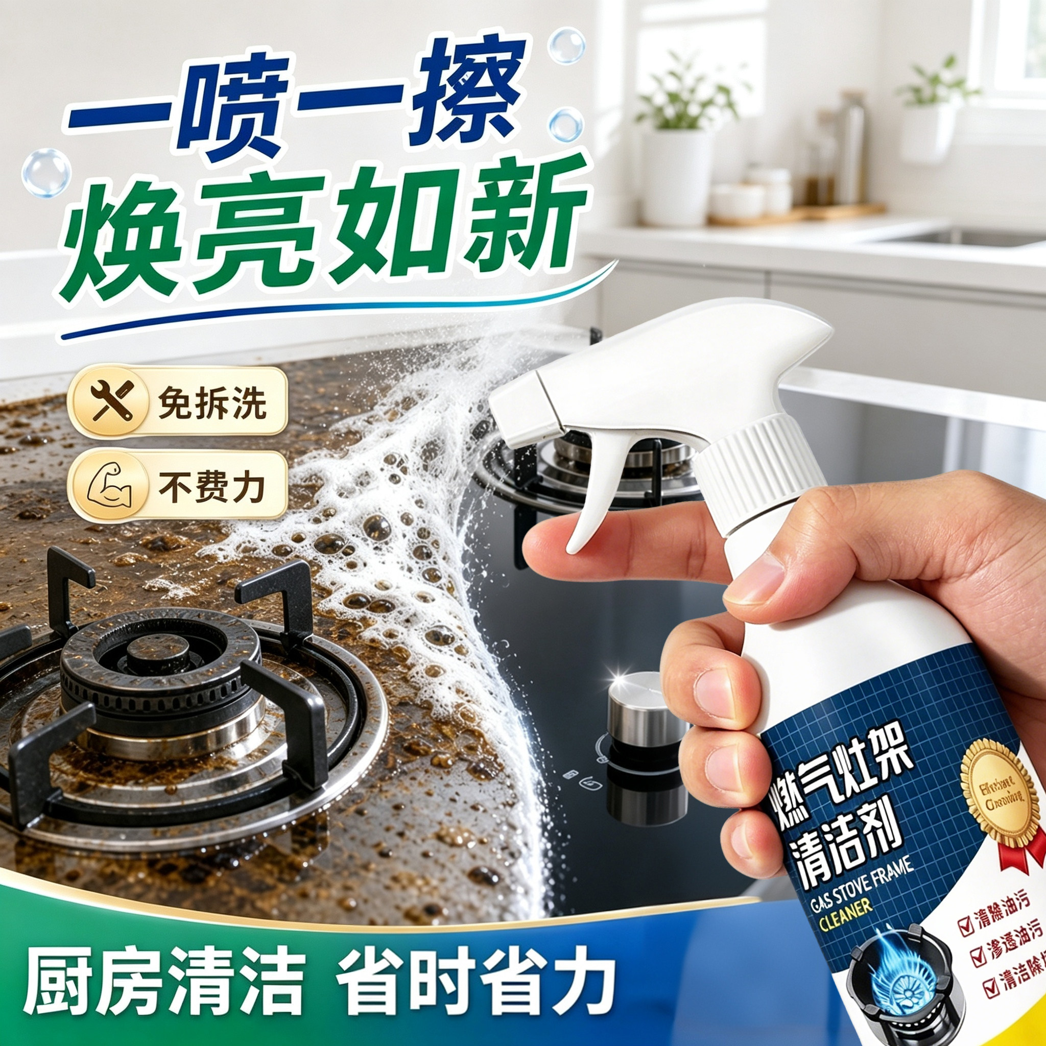 燃气灶架油污清洁剂厨房免拆清洗灶台炉架顽固油垢泡沫去污喷雾剂
