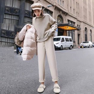 孕妇毛呢裤子女秋冬款外穿加绒休闲直筒裤冬季加厚萝卜裤打底长裤