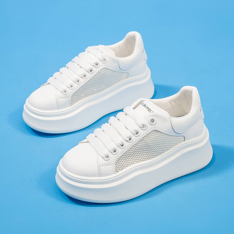 厚底小白鞋女款2024年夏季新款真皮增高6CM简约圆头运动网面板鞋