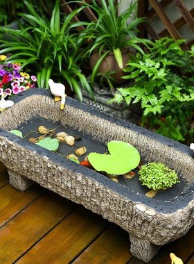 庭院小花园e阳台鱼池造景摆件户外鱼缸仿石槽水景观小院天台布置