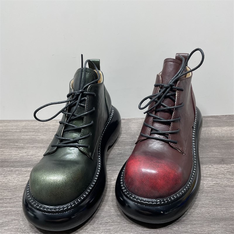 断码处理系带马丁靴女秋冬新款擦C色真皮复古英伦风厚底增高短靴