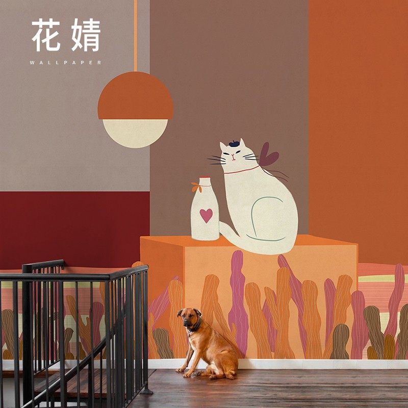 北欧猫咪服装店餐厅壁纸墙布无纺布定制创意卧室电视背景墙纸壁画,家装主材,定制壁画,淘宝优惠券,粉丝福利购,淘宝优惠卷