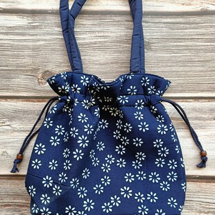 手工蜡染蓝印花布女士手提包抽绳束口小碎花布包乌镇特色抽带手袋