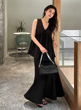 夏法式气质套装中长款vr领上衣女紧腰鱼尾半身裙女高腰休闲连衣裙