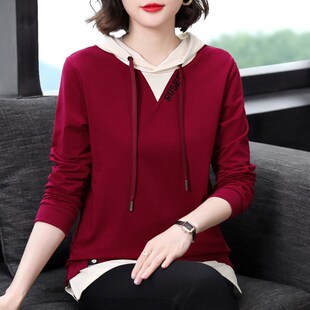 假两件休闲卫衣女宽松n2024春秋装新款中老年妈妈百搭连帽上衣外