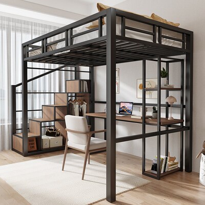上床下桌组合床家用金属阁楼床复式二楼高L架床单上层上铺悬空床