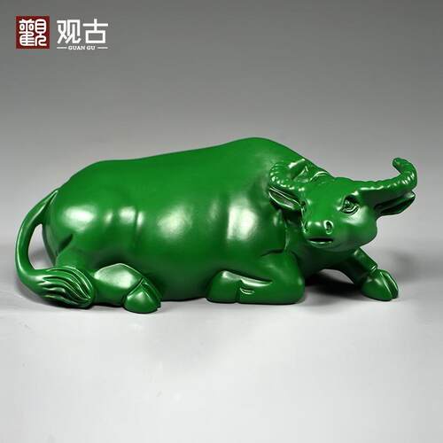绿色木雕水牛木制十二生肖卧牛家居客厅电视柜装饰红木工艺品