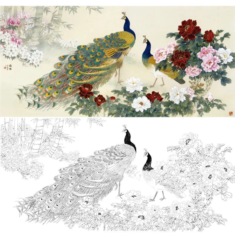 国画工笔画白描底稿雀牡丹小六尺鸟素材手绘稿直接上色