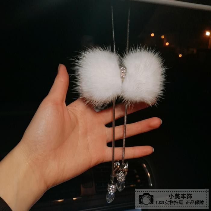 车内吊饰女士水貂毛水晶蝴蝶结爱车载后视镜挂饰