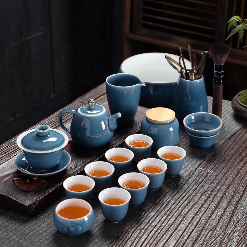 功夫茶具茶杯套装中式家用陶瓷茶壶简约盖碗公道杯办公室霁蓝整套