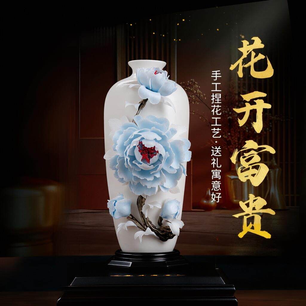 非遗手工瓷花瓶牡丹陶瓷摆饰家居客厅玄关装饰品乔迁开业高级礼物