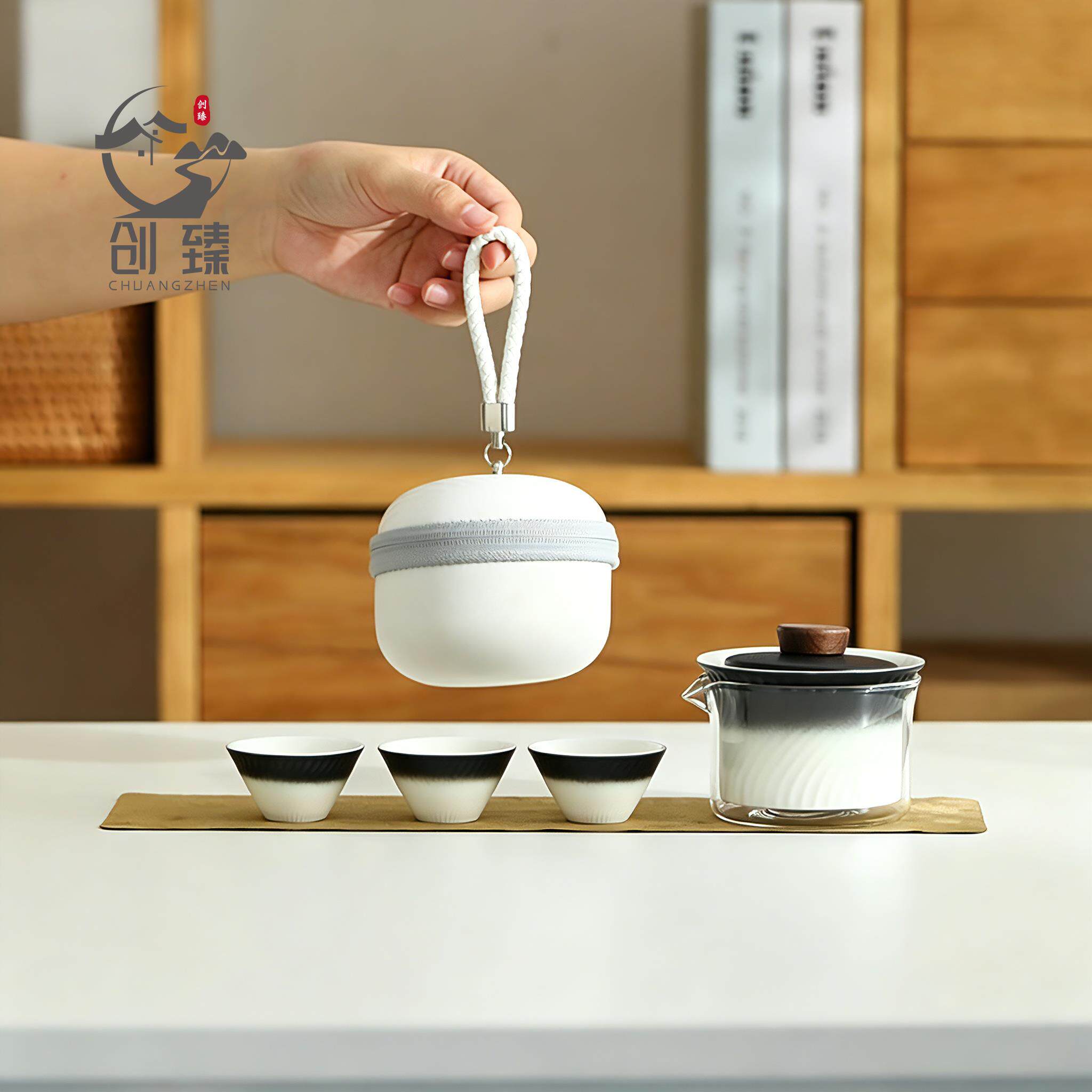 创臻玻璃快客杯一壶三杯可携式旅行茶具随身户外旅游露营泡茶壶